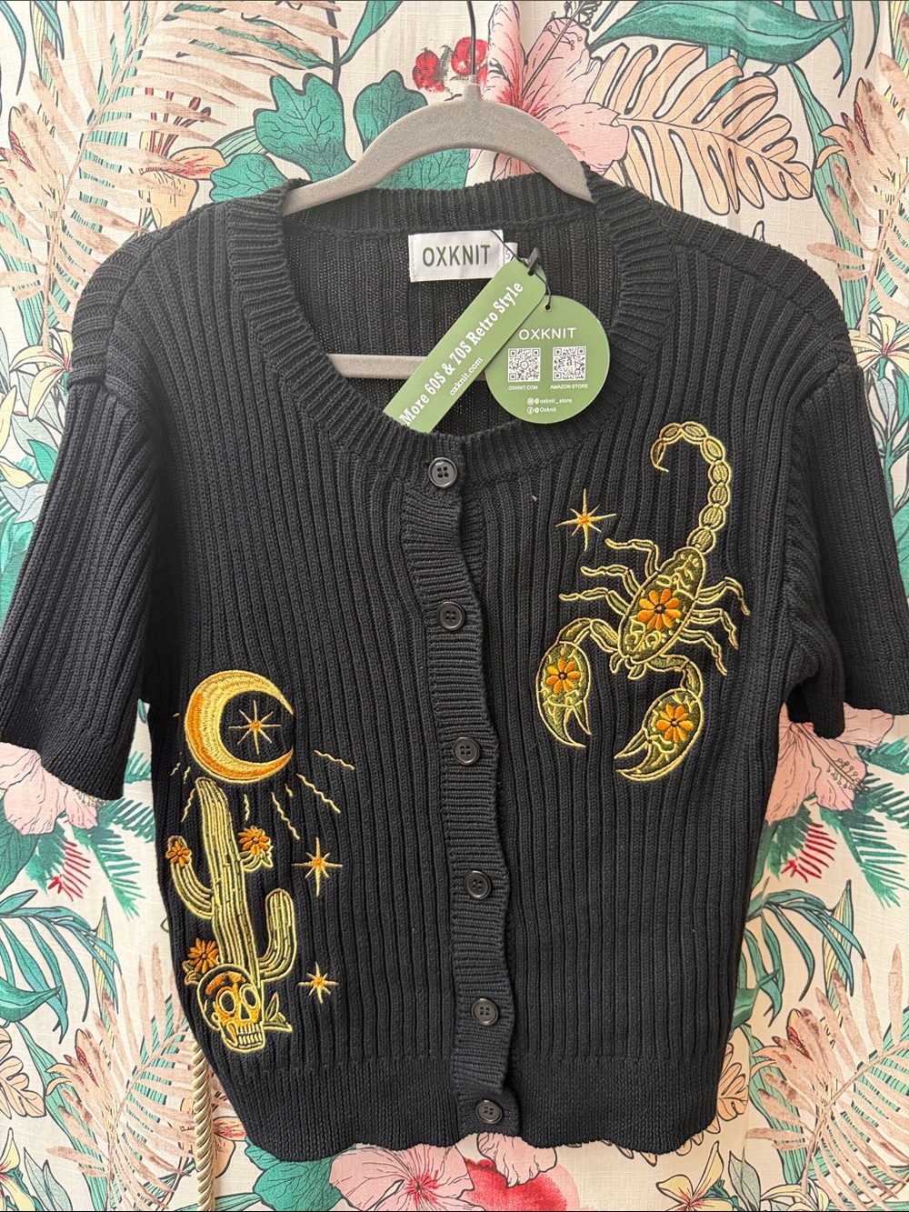 OxKnit NWT Scorpion Black Ribbed Button Cardigan Sweater with Gold Embroidery